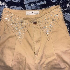 Women's Tan Skinny Pants with Embellished Waist